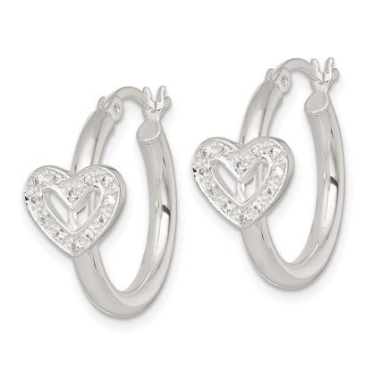 Sterling Silver Polished CZ Heart Round Hoop Earrings
