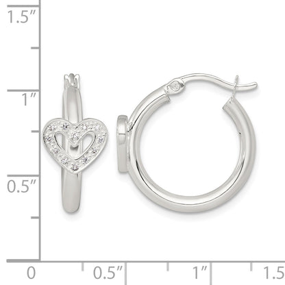 Sterling Silver Polished CZ Heart Round Hoop Earrings