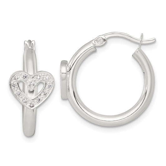 Sterling Silver Polished CZ Heart Round Hoop Earrings