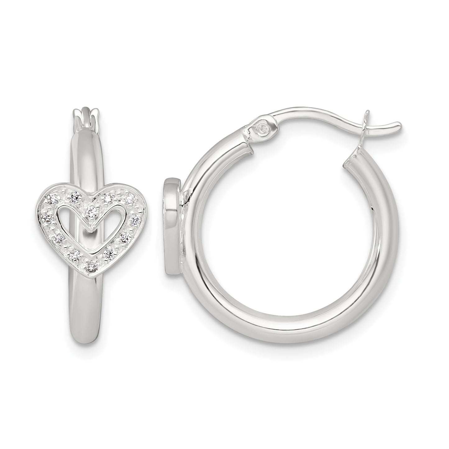 Sterling Silver Polished CZ Heart Round Hoop Earrings