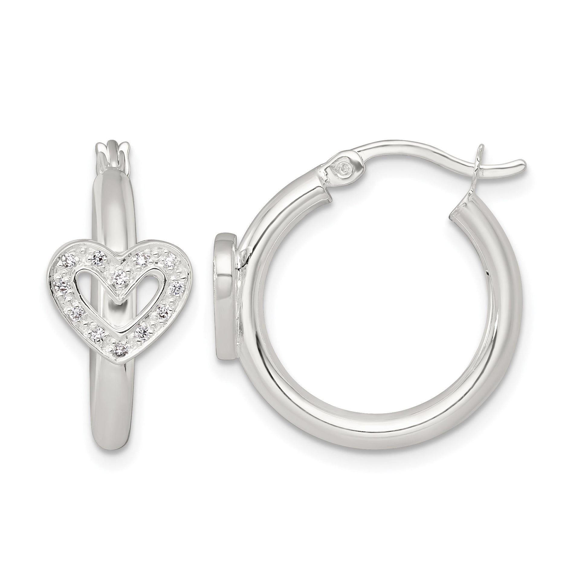 Sterling Silver Polished CZ Heart Round Hoop Earrings