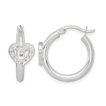 Sterling Silver Polished CZ Heart Round Hoop Earrings
