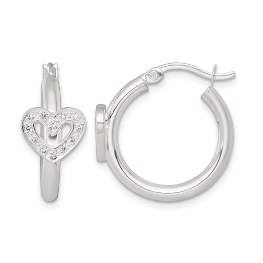 Sterling Silver Polished CZ Heart Round Hoop Earrings