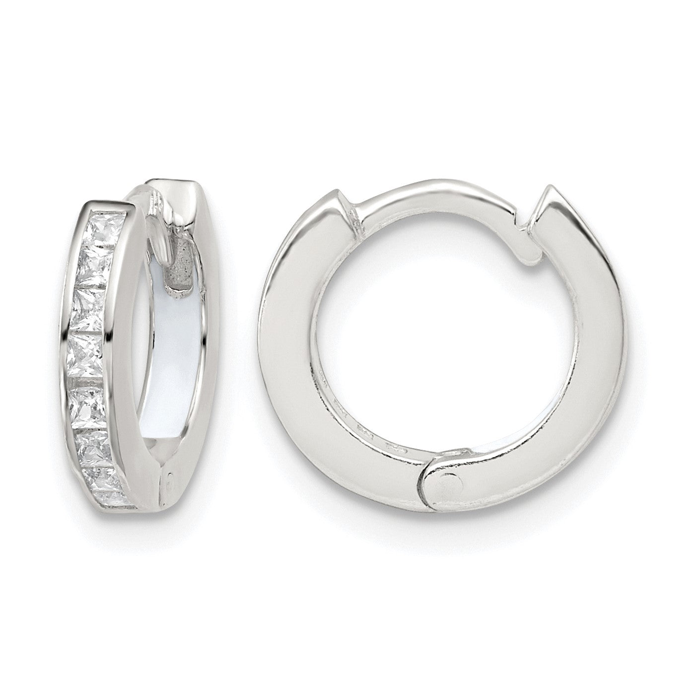 Sterling Silver Polished CZ and White Enamel In and Out 13mm Hinged Round Hoop Earrings