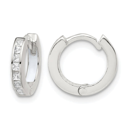 Sterling Silver Polished CZ and White Enamel In and Out 13mm Hinged Round Hoop Earrings