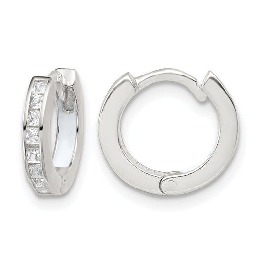 Sterling Silver Polished CZ and White Enamel In and Out 13mm Hinged Round Hoop Earrings