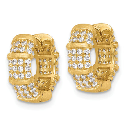 Sterling Silver Gold-Tone Polished and Textured CZ 5.4mm Round Hinged Hoop Earrings