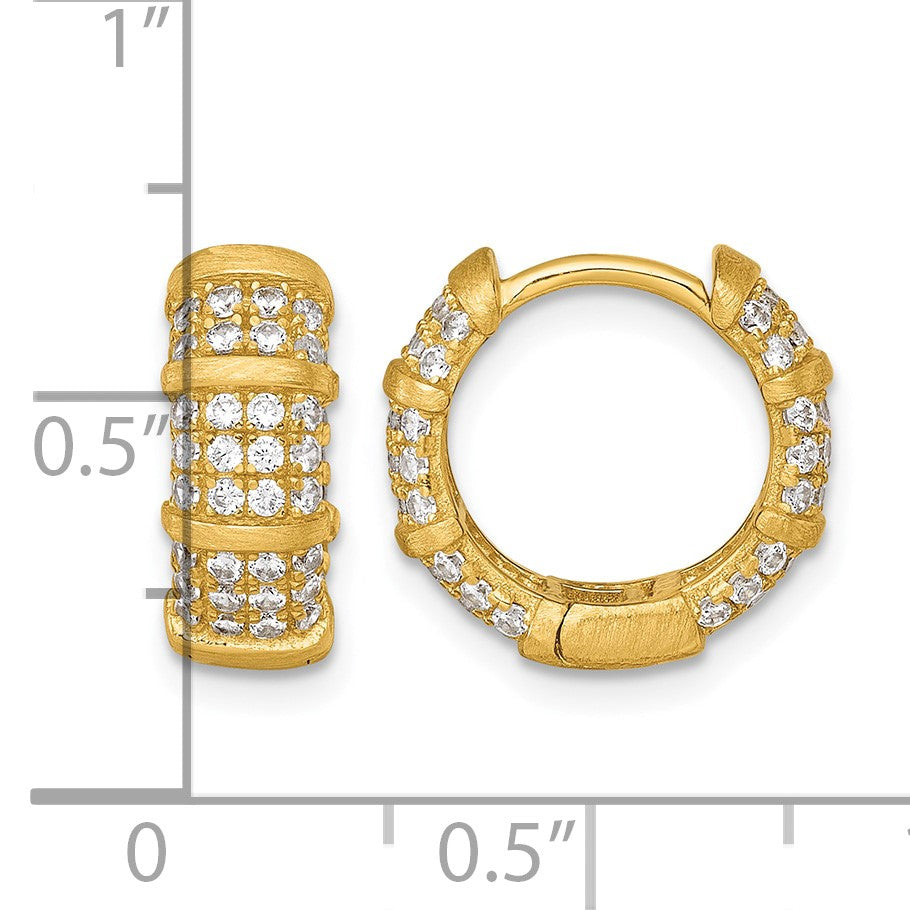 Sterling Silver Gold-Tone Polished and Textured CZ 5.4mm Round Hinged Hoop Earrings