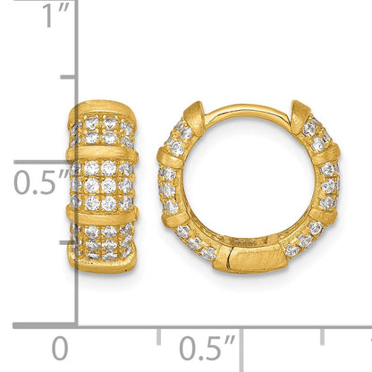 Sterling Silver Gold-Tone Polished and Textured CZ 5.4mm Round Hinged Hoop Earrings