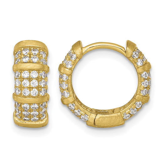Sterling Silver Gold-Tone Polished and Textured CZ 5.4mm Round Hinged Hoop Earrings