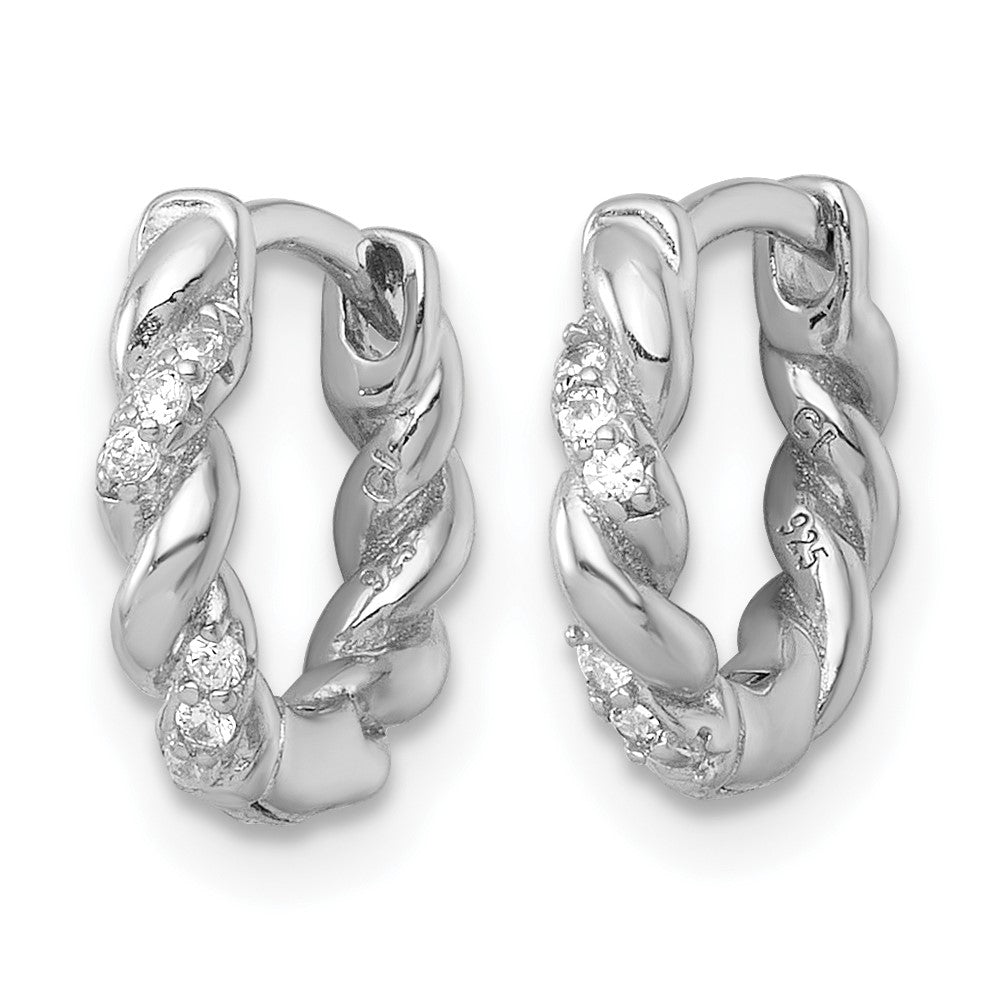 Sterling Silver Rhodium-plated Polished and Twisted CZ Round Hinged Hoop Earrings