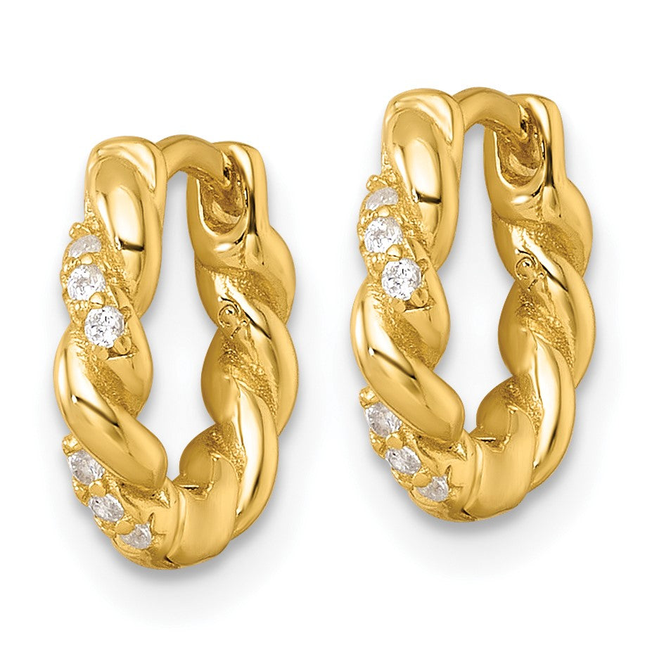 Sterling Silver Gold-tone Polished and Twisted CZ Round Hinged Hoop Earrings