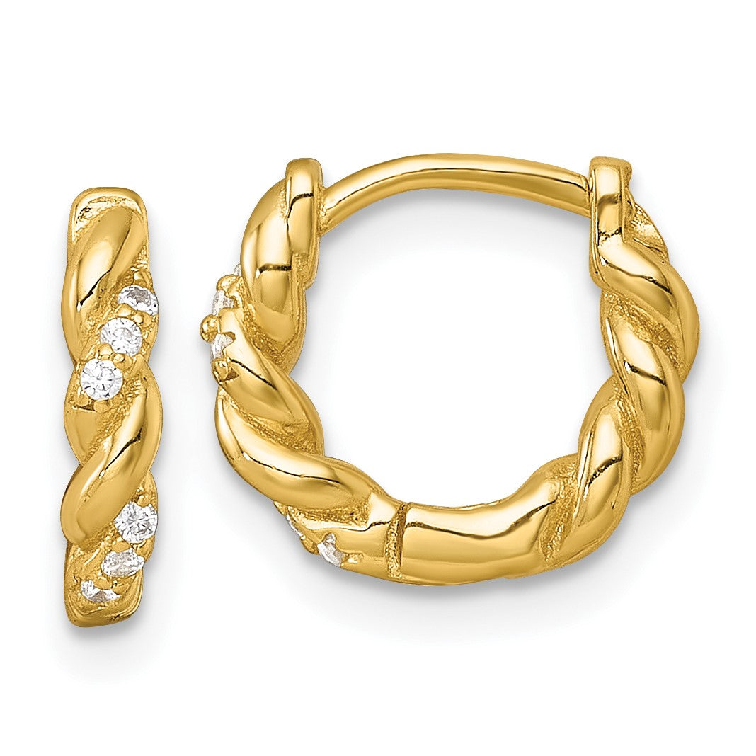Sterling Silver Gold-tone Polished and Twisted CZ Round Hinged Hoop Earrings