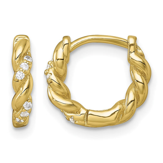 Sterling Silver Gold-tone Polished and Twisted CZ Round Hinged Hoop Earrings
