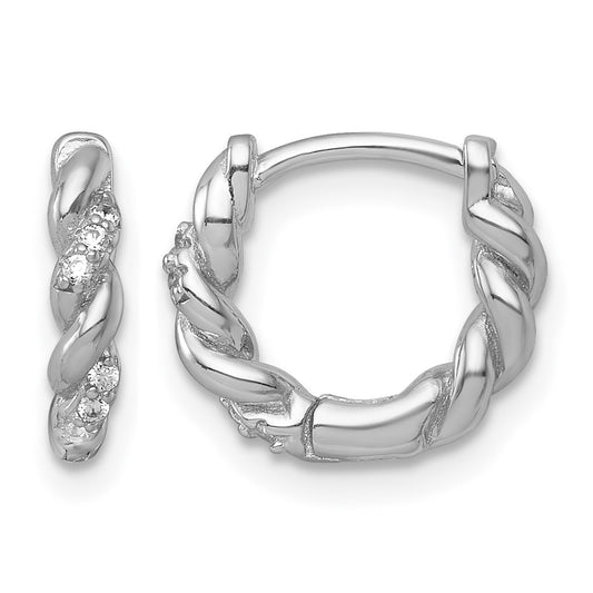 Sterling Silver Rhodium-plated Polished and Twisted CZ Round Hinged Hoop Earrings