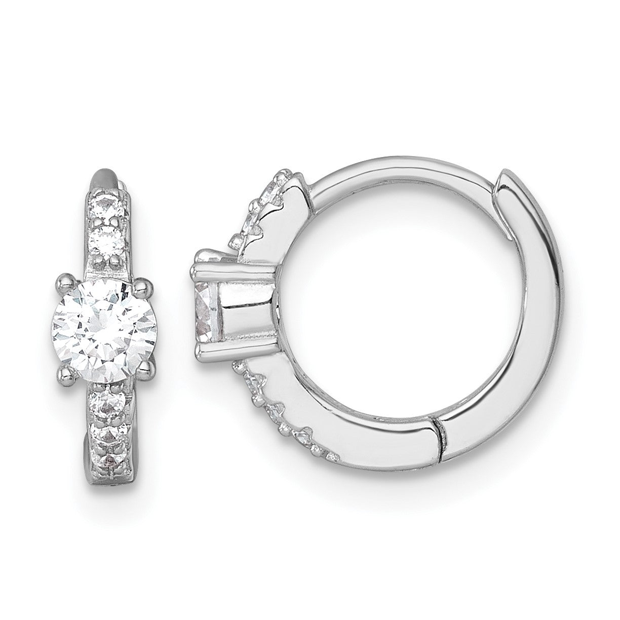 Sterling Silver Rhodium-plated Polished CZ Round Hinged Hoop Earrings