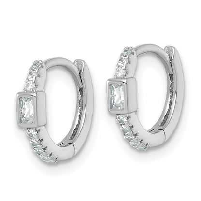 Sterling Silver Rhodium-plated Polished Round and Emerald-cut CZ Round Hinged Hoop Earrings