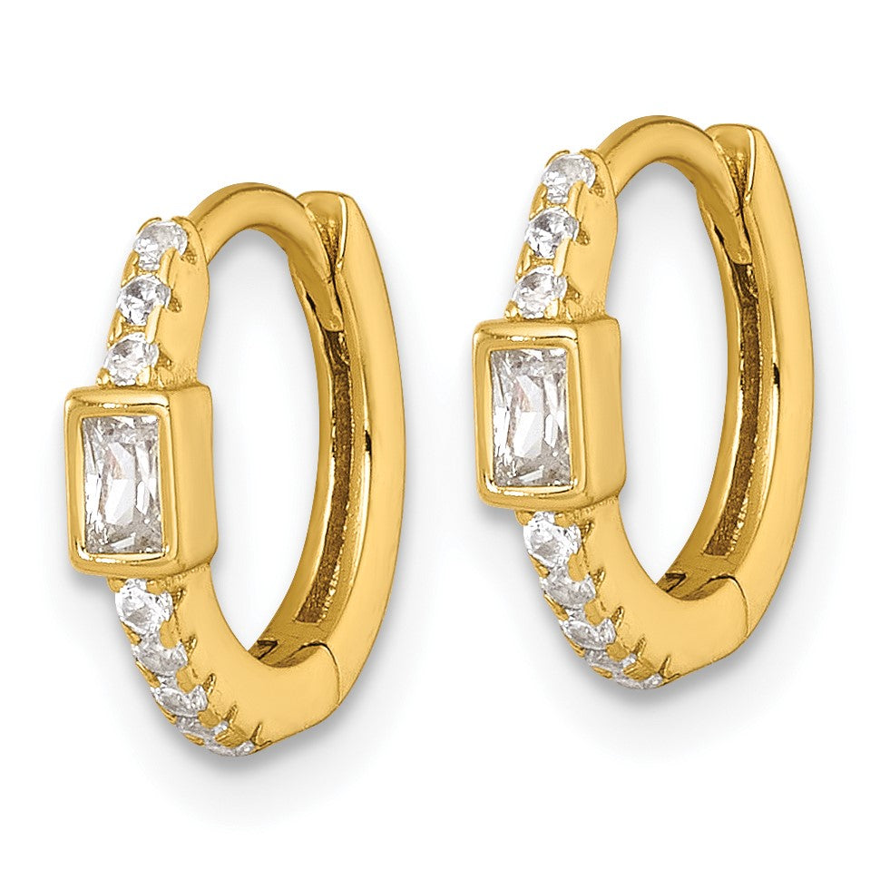 Sterling Silver Gold-tone Polished Round and Emerald-cut CZ Round Hinged Hoop Earrings