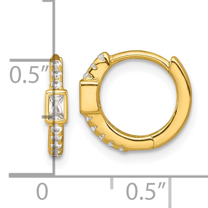 Sterling Silver Gold-tone Polished Round and Emerald-cut CZ Round Hinged Hoop Earrings