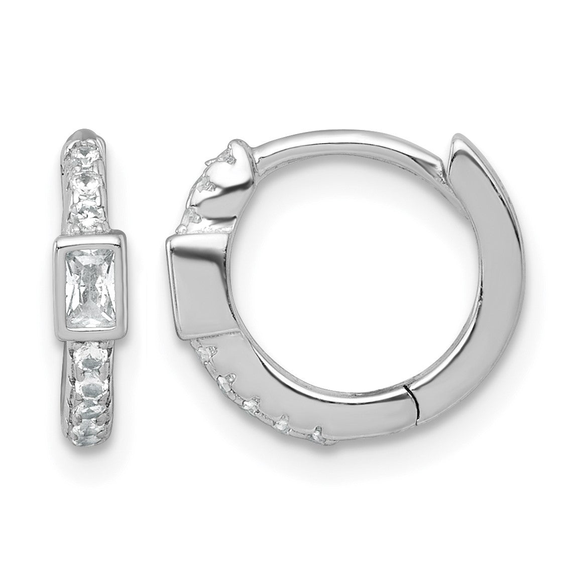 Sterling Silver Rhodium-plated Polished Round and Emerald-cut CZ Round Hinged Hoop Earrings