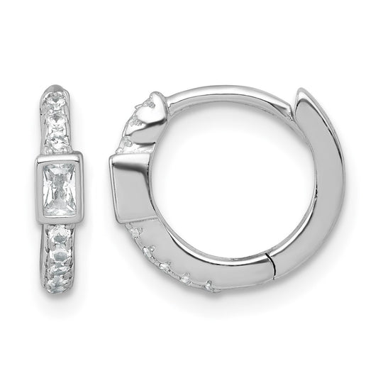 Sterling Silver Rhodium-plated Polished Round and Emerald-cut CZ Round Hinged Hoop Earrings