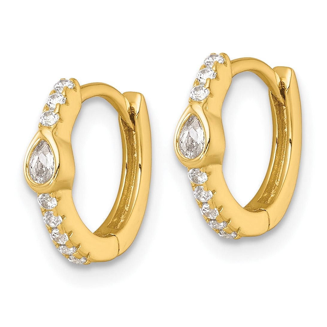 Sterling Silver Gold-tone Polished Round and Pear Shaped CZ Round Hinged Hoop Earrings