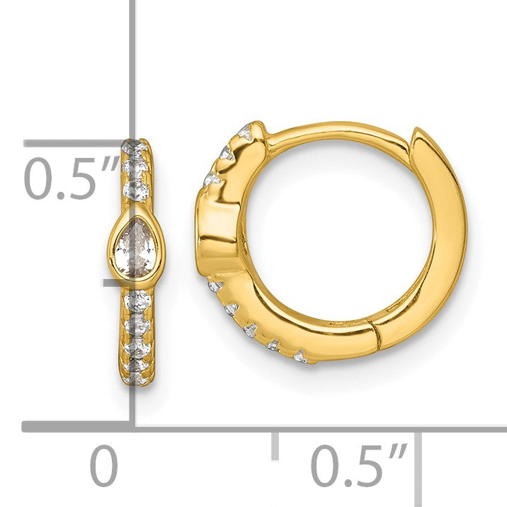 Sterling Silver Gold-tone Polished Round and Pear Shaped CZ Round Hinged Hoop Earrings