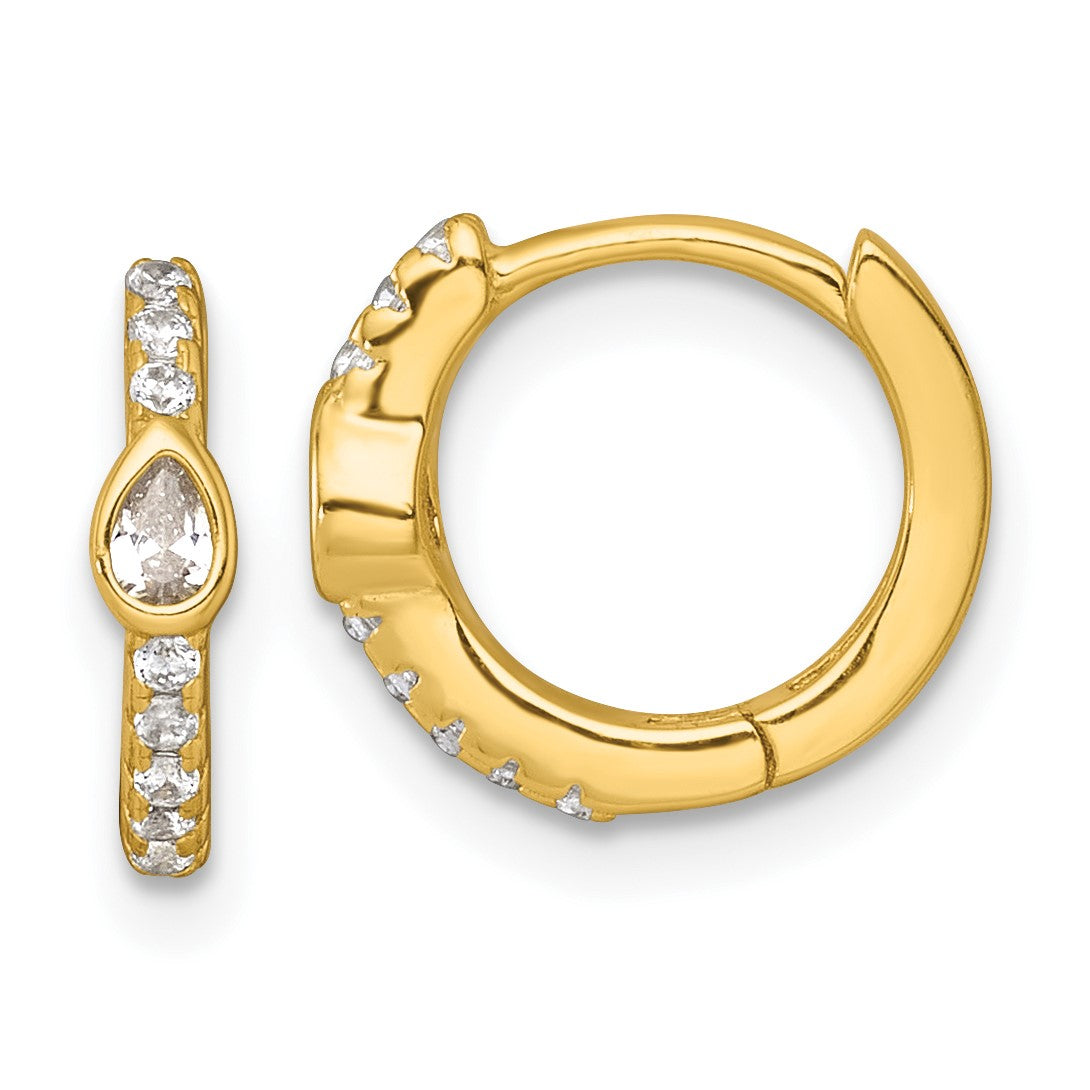 Sterling Silver Gold-tone Polished Round and Pear Shaped CZ Round Hinged Hoop Earrings