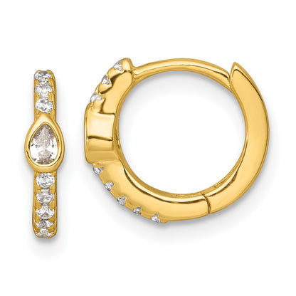 Sterling Silver Gold-tone Polished Round and Pear Shaped CZ Round Hinged Hoop Earrings