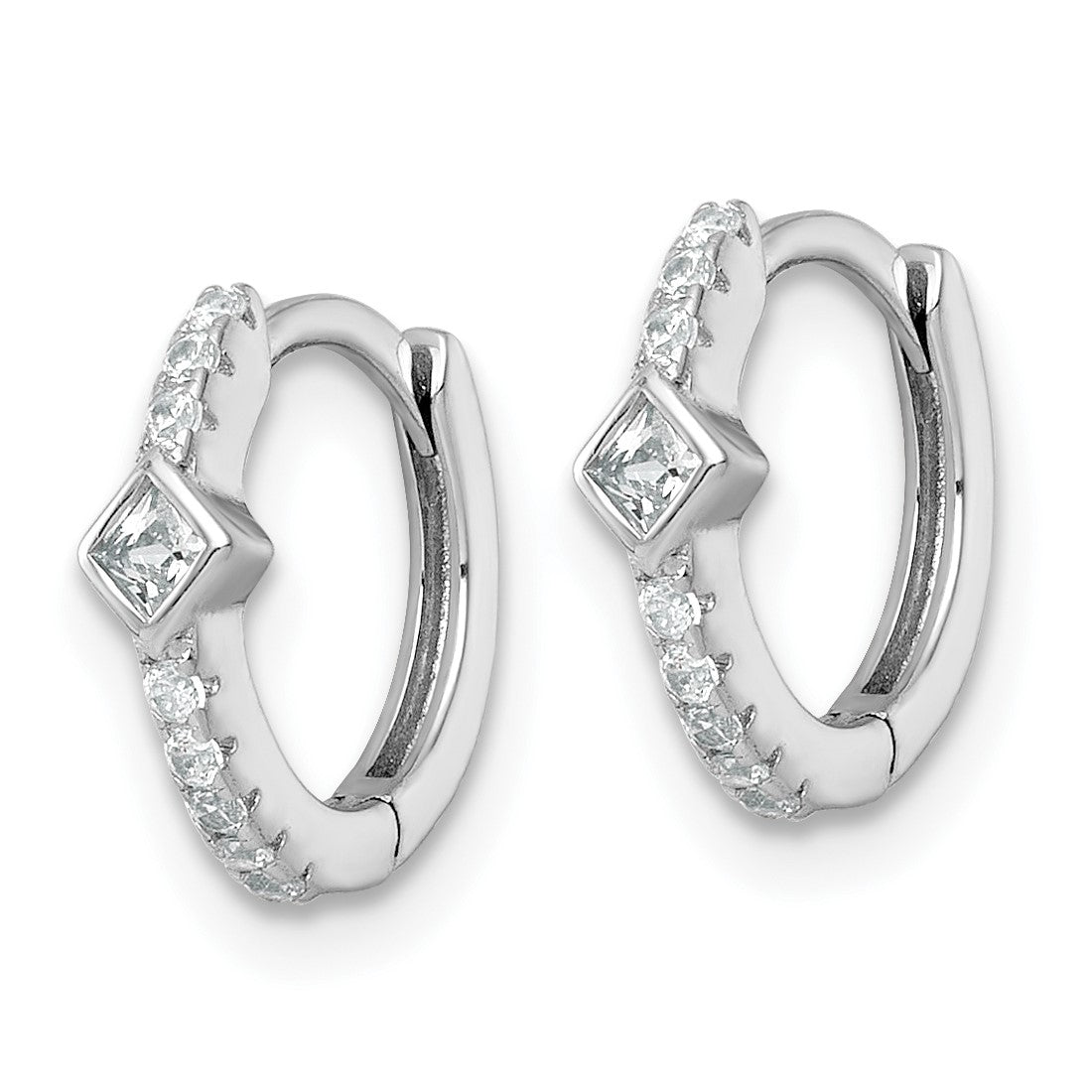Sterling Silver Rhodium-plated Polished Round and Square CZ Round Hinged Hoop Earrings