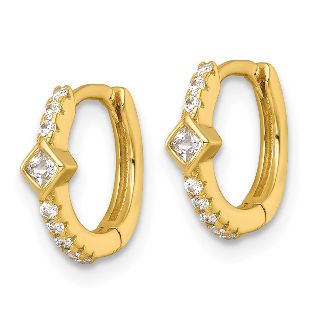 Sterling Silver Gold-tone Polished Round and Square CZ Round Hinged Hoop Earrings