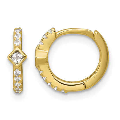 Sterling Silver Gold-tone Polished Round and Square CZ Round Hinged Hoop Earrings