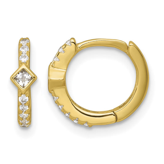 Sterling Silver Gold-tone Polished Round and Square CZ Round Hinged Hoop Earrings