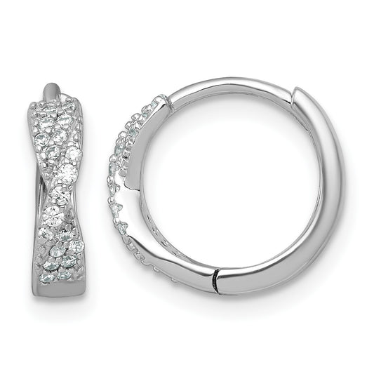 Sterling Silver Rhodium-plated Polished CZ -X- Round Hinged Hoop Earrings