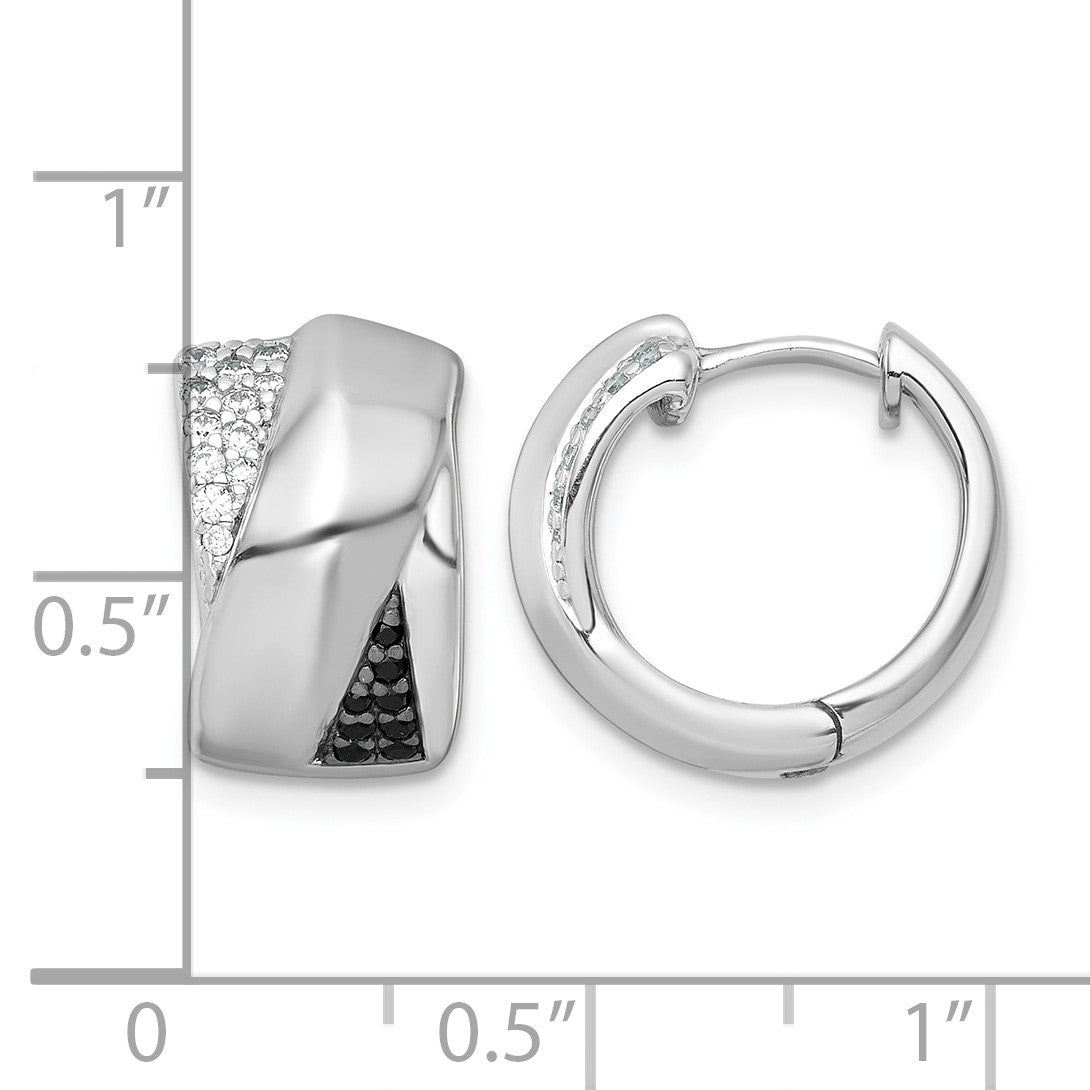 Sterling Silver Rhodium-plated Polished Black and White CZ Round Hinged Hoop Earrings
