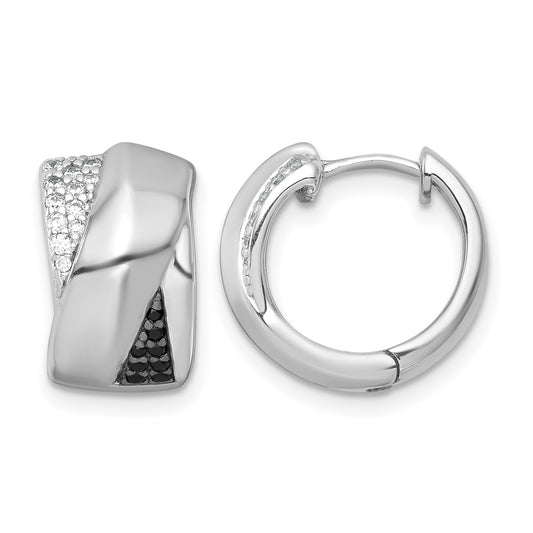 Sterling Silver Rhodium-plated Polished Black and White CZ Round Hinged Hoop Earrings