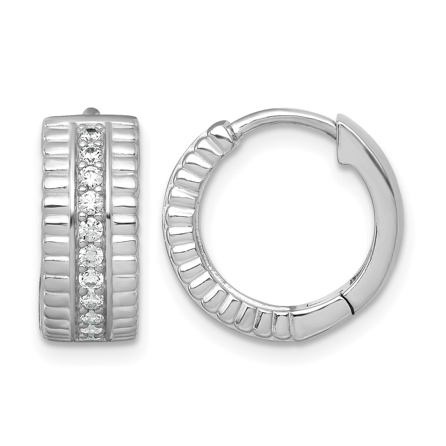 Sterling Silver Rhodium-plated Polished and Grooved CZ 6.2mm Hinged Hoop Earrings