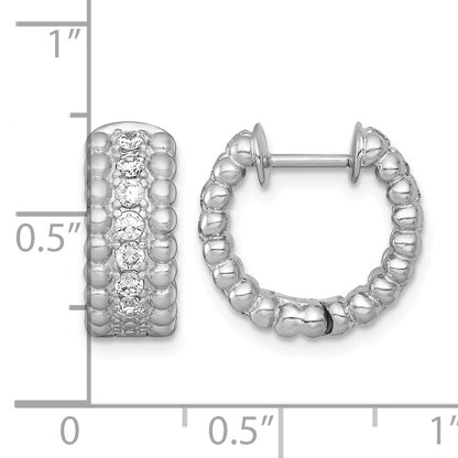 Sterling Silver Rhodium-plated Polished and Beaded CZ Round Hinged Hoop Earrings