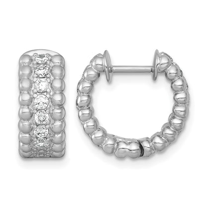 Sterling Silver Rhodium-plated Polished and Beaded CZ Round Hinged Hoop Earrings