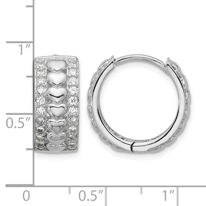 Sterling Silver Rhodium-plated CZ Polished Hearts Hinged Hoop Earrings