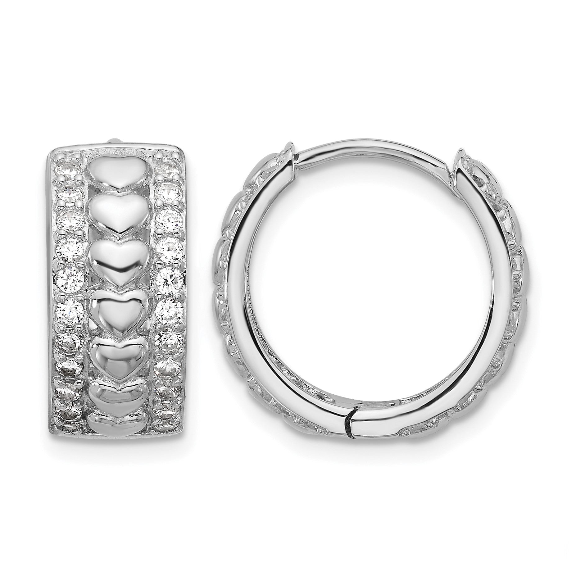 Sterling Silver Rhodium-plated CZ Polished Hearts Hinged Hoop Earrings