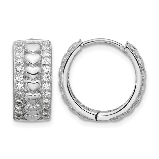 Sterling Silver Rhodium-plated CZ Polished Hearts Hinged Hoop Earrings