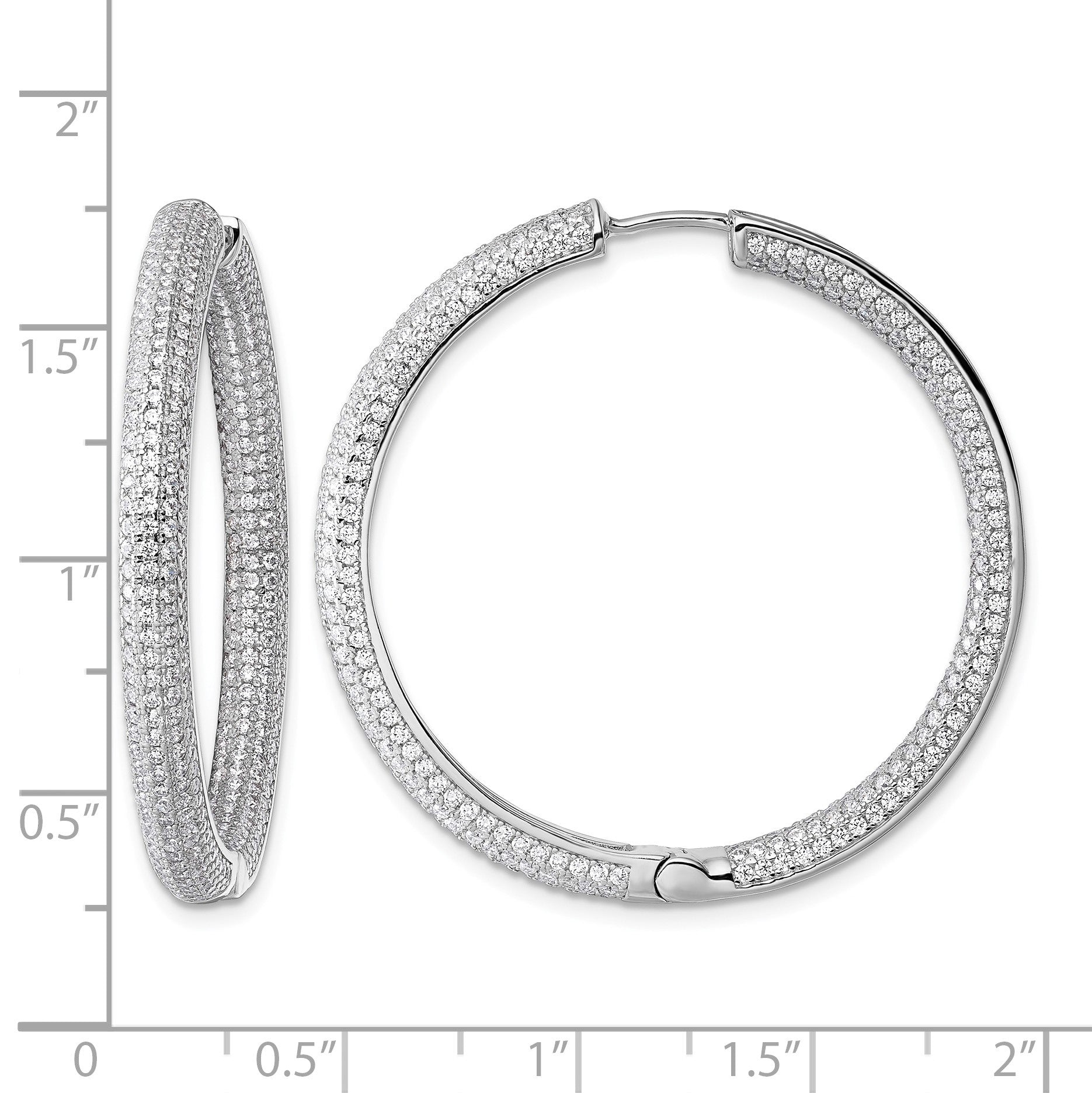 Sterling Silver Rhodium-plated In and Out CZ Pave 3.7 x 39mm Hinged Hoop Earrings