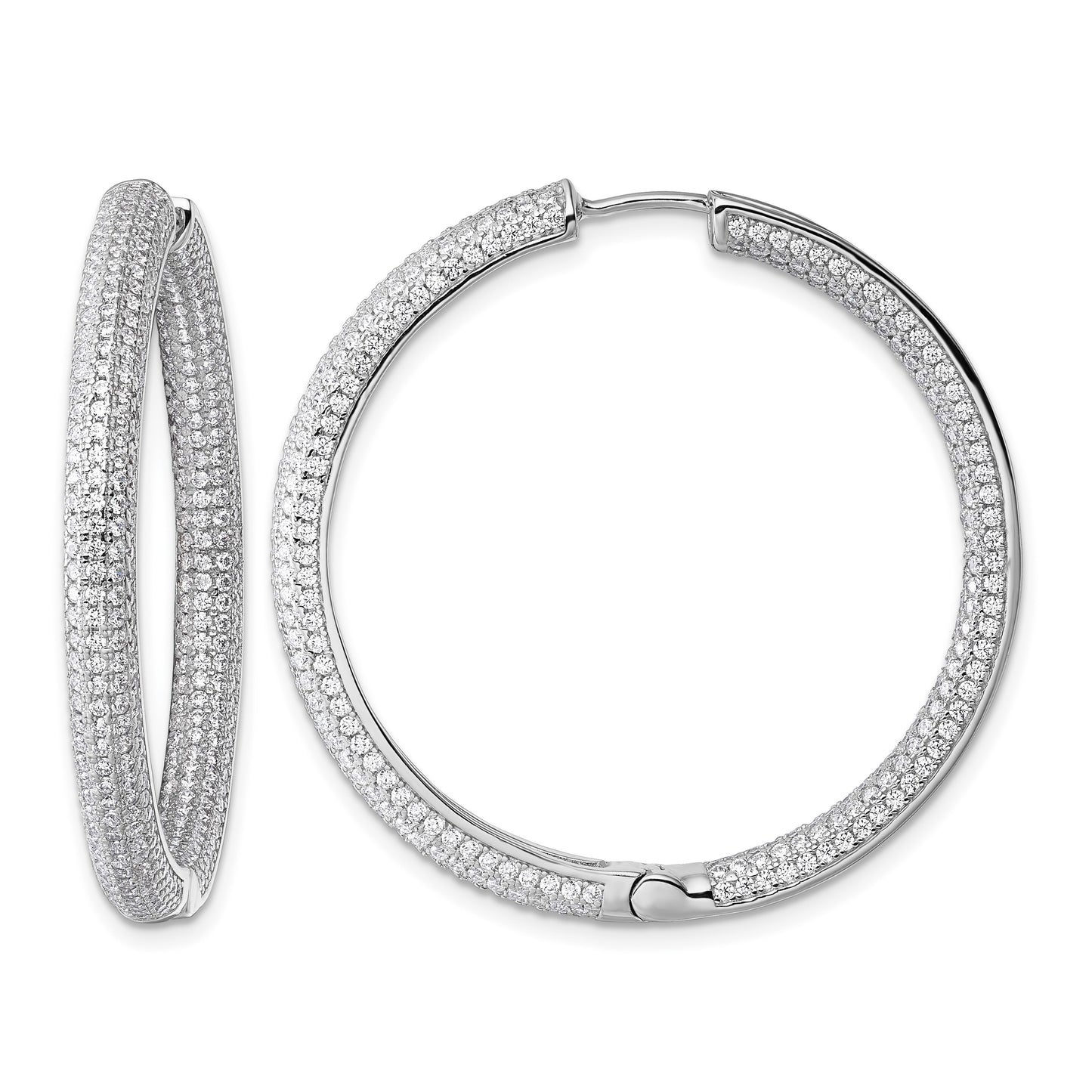 Sterling Silver Rhodium-plated In and Out CZ Pave 3.7 x 39mm Hinged Hoop Earrings