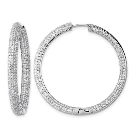 Sterling Silver Rhodium-plated In and Out CZ Pave 3.7 x 39mm Hinged Hoop Earrings