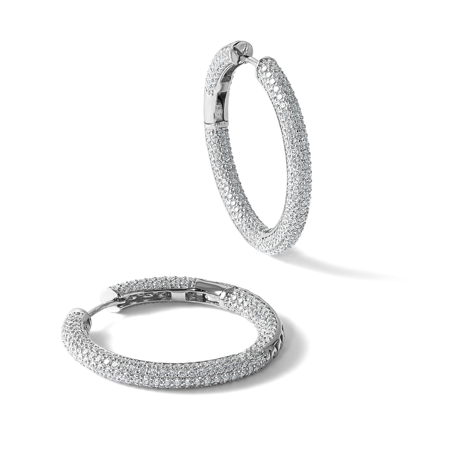 Sterling Silver Rhodium-plated In and Out CZ Pave 3.1 x 29mm Hinged Hoop Earrings