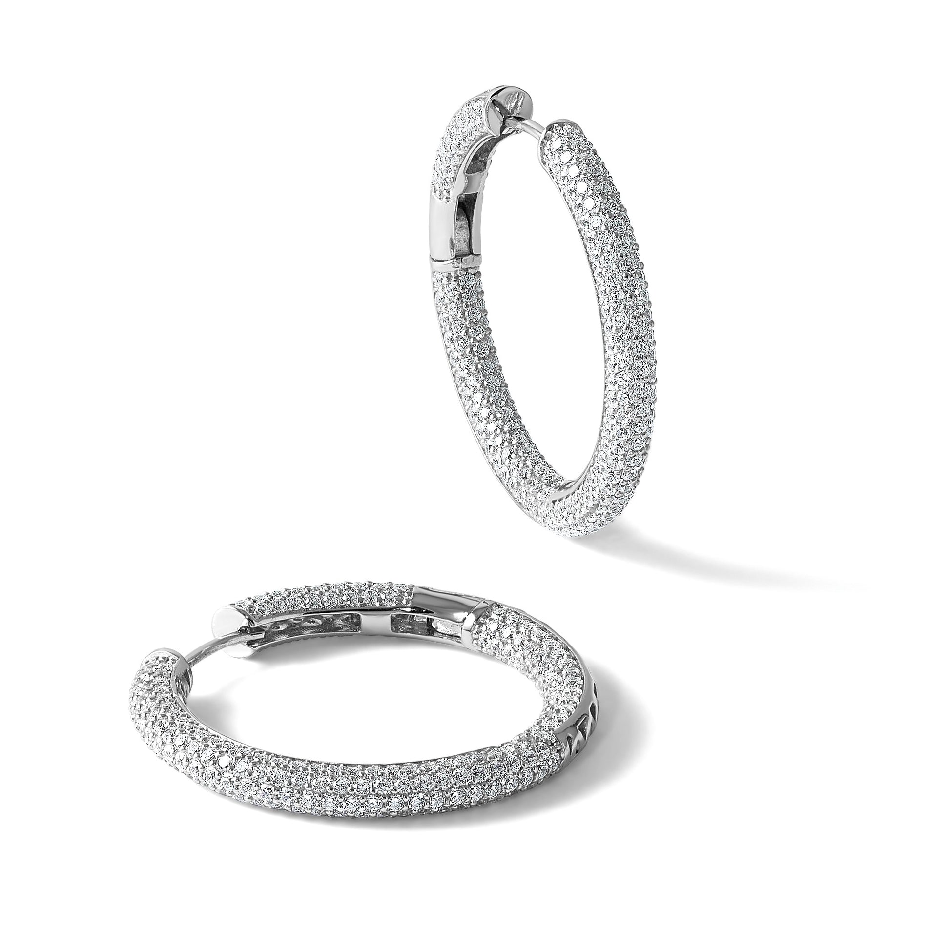 Sterling Silver Rhodium-plated In and Out CZ Pave 3.1 x 29mm Hinged Hoop Earrings