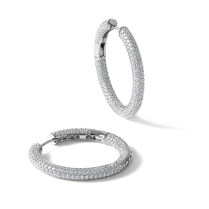 Sterling Silver Rhodium-plated In and Out CZ Pave 3.1 x 29mm Hinged Hoop Earrings