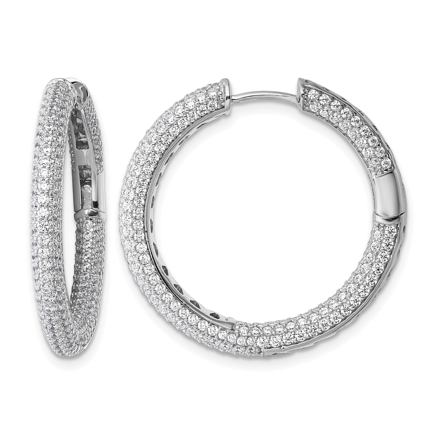 Sterling Silver Rhodium-plated In and Out CZ Pave 3.1 x 29mm Hinged Hoop Earrings