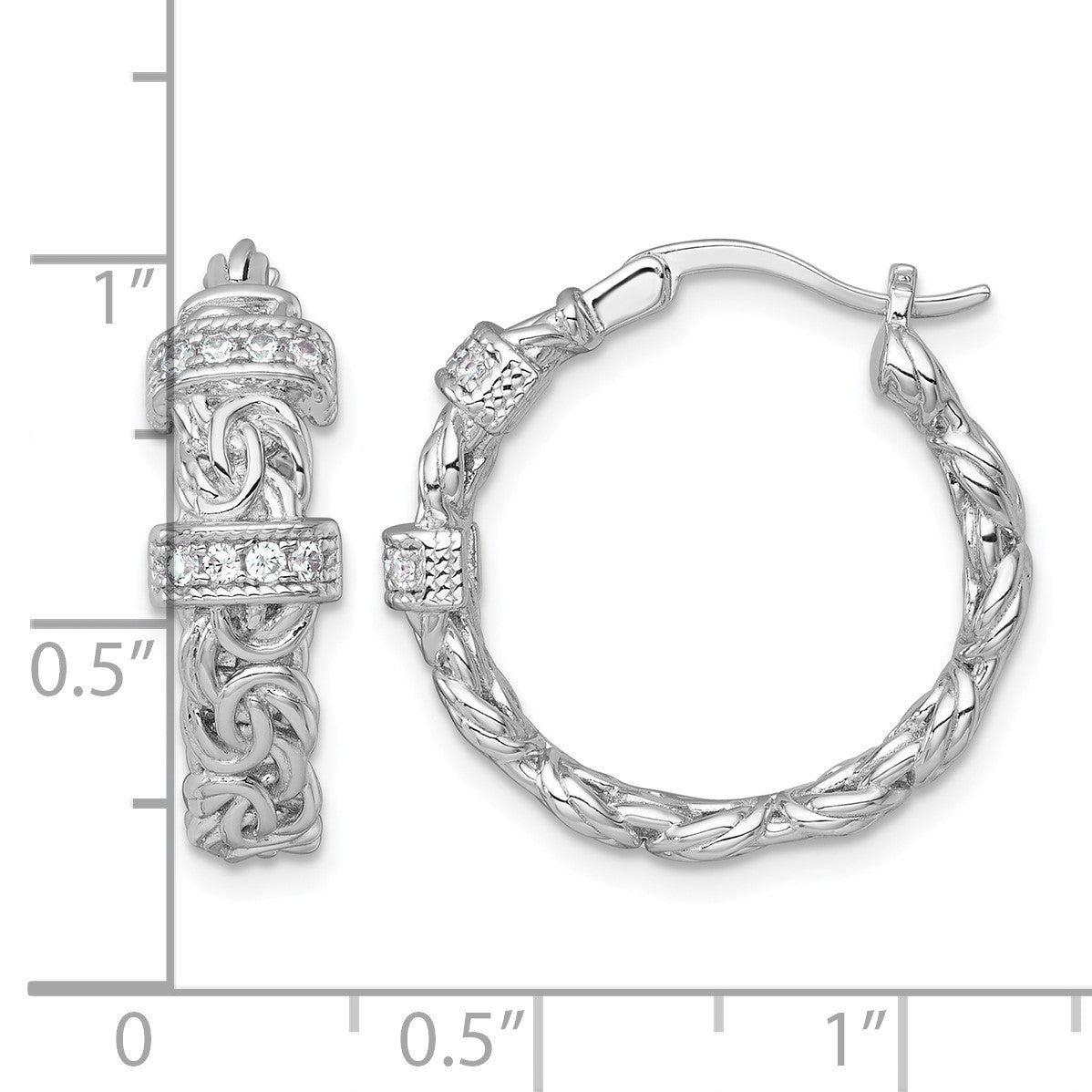 Sterling Silver Rhodium-plated Polished CZ Byzantine Link Round Hoop Earrings